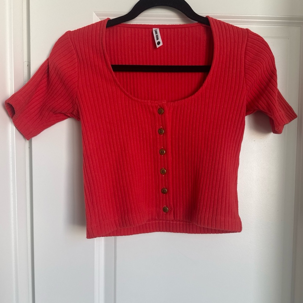 Ilana Kohn Red Ribbed Button-Front Crop Top